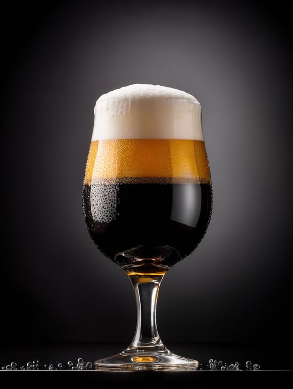 professional photo of a black beer glass, Beer foam coming out of a glass, isolated, black background