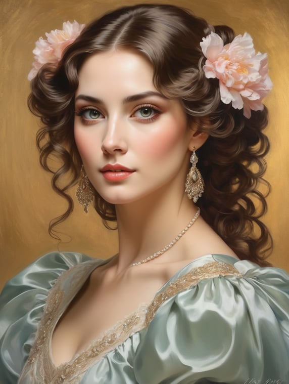 A striking oil painting capturing the essence of an elegant and magnificently proportioned Parisian socialite. With inspiration drawn from the masterful works of John Singer Sargent, Alphonse Mucha, Klimt, and Vincent Van Gogh, this portrait exudes artistic brilliance. The subject's alluring beauty is evident in her delicate features, flawlessly rendered by the artist. The expertly applied brushstrokes reveal intricate details, from the cascading curls of her lustrous hair to the mesmerizing depth of her enchanting eyes. Every stroke of vibrant color breathes life into her radiant complexion, accentuating the subtle contours of her face. This captivating masterpiece enraptures viewers, serving as a testament to the timeless allure and grace of the Parisian elite.