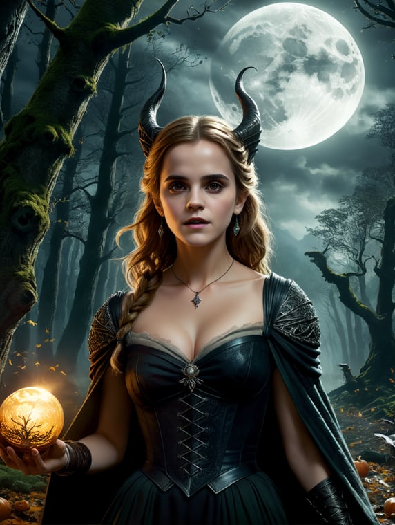 By J.K. Rowling and Tim Burton, visualize Emma Watson as a witchy enchantress casting spells under a full moon in a creepy, enchanted forest, magical, eerie, Halloween, cinematic photography, action shoot, movement, epic, high definition