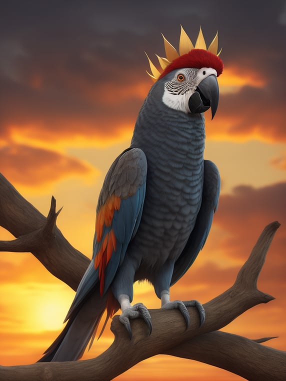 Gray parrot standing on a dry branch without leaves, cute parrot with crown, glamorous sitting in style on the background of a beautiful sunset with orange clouds; Loro gris parado sobre una rama seca sin hojas, lindo loro con corona, glamuroso sentado con estilo de fondo un hermoso atardecer con nubes naranjas