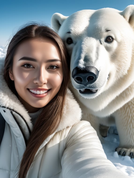 selfie of young woman with a polar bear, polar location, ice and snow, cold environment, highly detailed