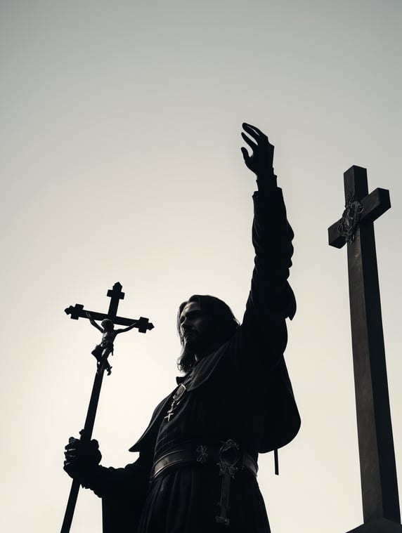 Side view silhouette of Van Helsing holding a crucifix out with extended arm