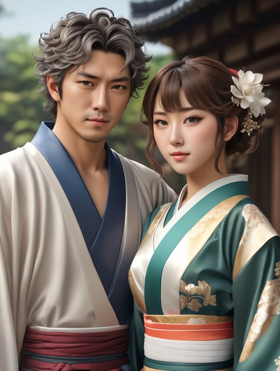 half body photo of Japanese couple wearing anime clothes, man with slightly curly hair, epic details, realistic, ray tracing, photorealistic, realistic human photo, ultra realistic, masterpiece; foto setengah badan couple jepang dengan pakaian seperti anime,pria memiliki rambut sedikit keriting, epic details, realistic, raytracing, photorealistic, realistic human photo, ultra realistic, masterpiece