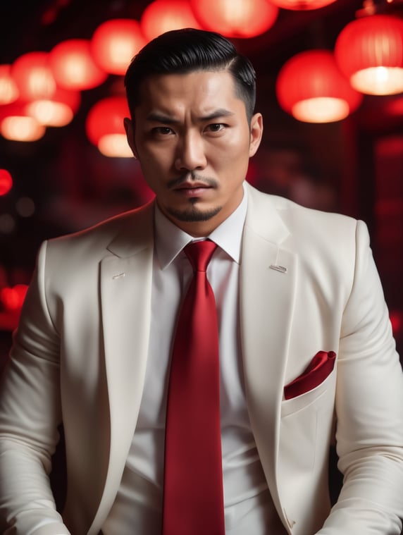 cinematic shot, scene from a movie, portrait of an Asian man 30 years old in a night bar, Asian mafia,angry face, black suit, black tie, black hair, focus on a face, red lighting, low light, dark atmosphere