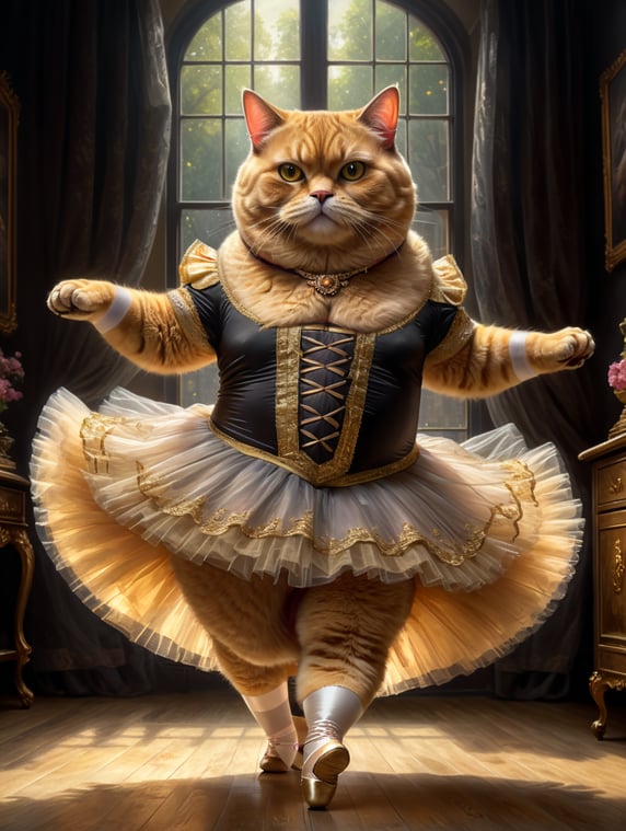 Giant fat golden British cat in a tutu and pointe shoes dancing ballet