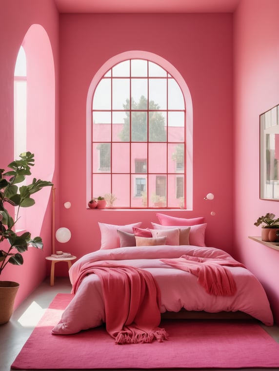 sleeping room, bed by the window, pillows and made bed, pink colors, bed, windows, liminal space, bright colors, inspired by the architecture of Luis Barragan, everything in bright different color