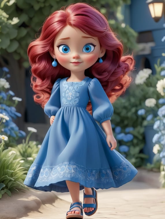 Crimson hair and blue eyes and light lips and soft face and wearing a blue frock reaching till her kness and light sandals and good shapped full body