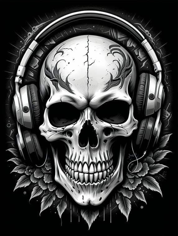 Black and white game over Skull Gaming Logo, linocut, vintage dead head or skull of gamer in headphones, vector image