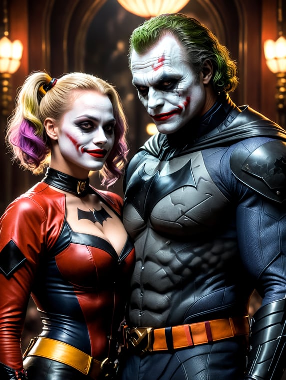 I would like images of Heath ledger and Margot robie as Joker and Harley Quinn, but dressed and campy like the adam west batman