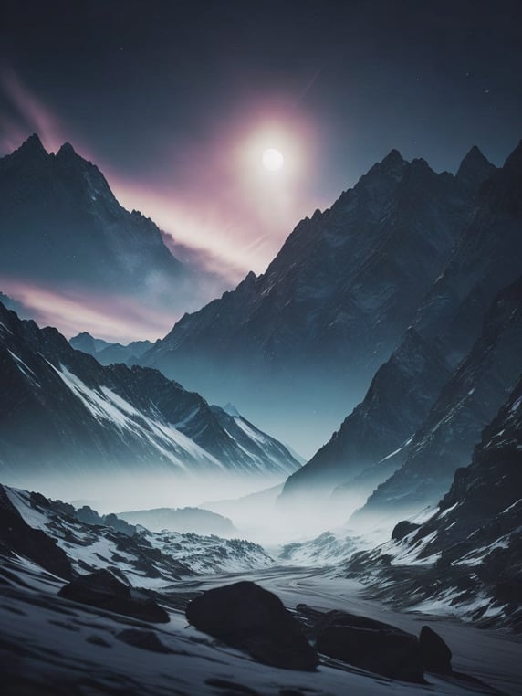Ethereal aurora borealis over a snowy mountain range, with a full moon shining in the background, mystical, peaceful, serene, winter landscape, high detail