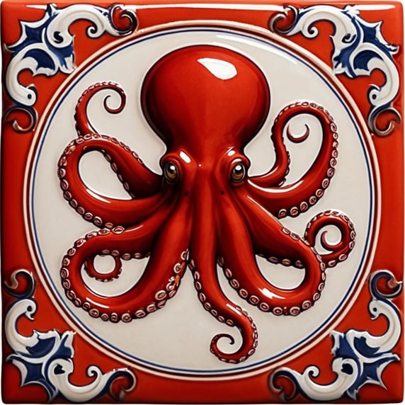 Square ceramic glazed tile with medieval art octopus, everything red color, Azulejo