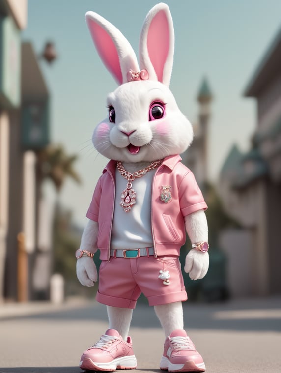A pink rabbit with short pants on, sneakers on its feet, diamond teeth, jewelry on its neck, and rings on its fingers.