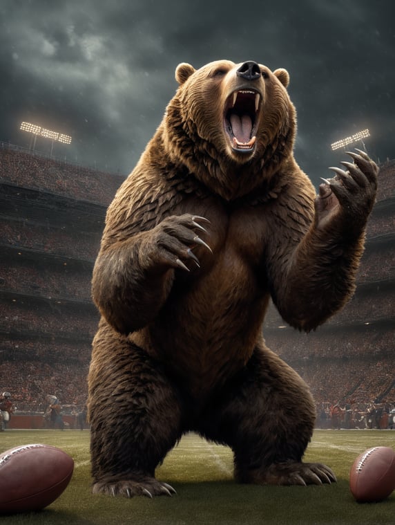 Roaring grizzly bear with american football pigskin and 5 claws on each paw on american football field