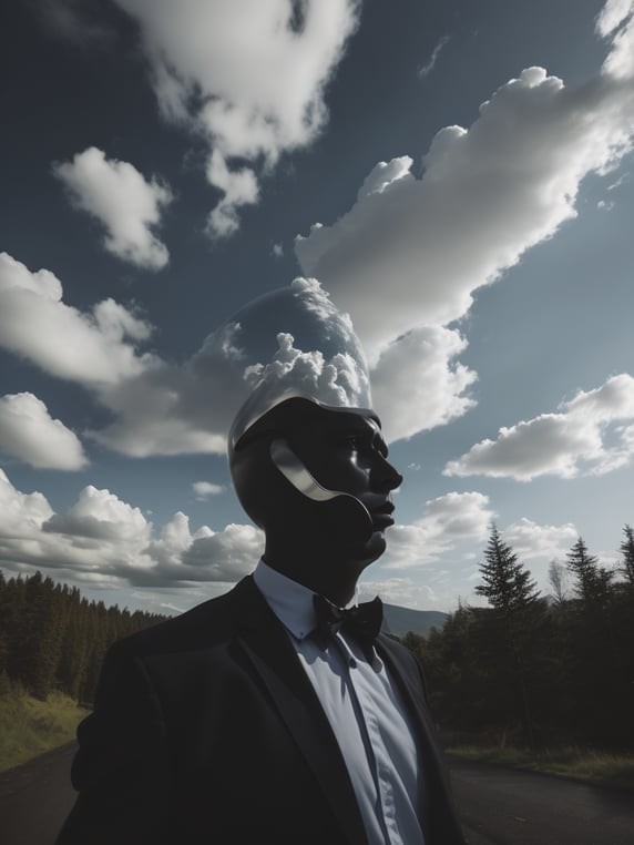 Portrait of a faceless reflective chrome - head man in a suit and black gloves, clouds and nature landscape in the background, by rene magritte, detailed painting, distance, centered, hd, high resolution, high detail,