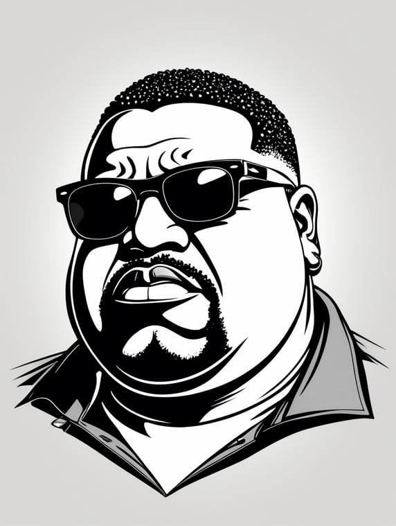 angry fat black gangster wearing sunglasses, in the style of basic simple line art vector comic art on white background