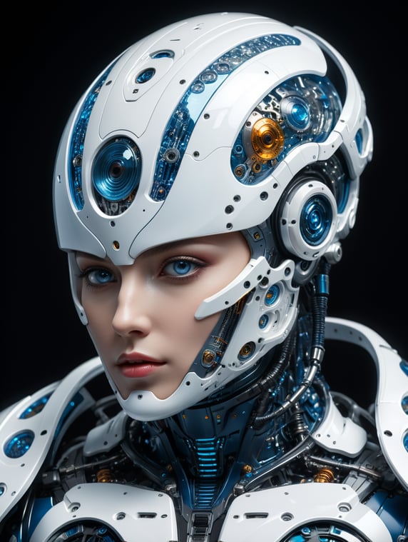 Thermophobia futuristic intergalactic detailed mechanism displayed, glass binary thermoplastic cyborg humanoid robot, inside Superluminal 8K cinematic white and blue thermalplastic futuristic hyperfiber intergalactic glass binary war ship, in the spacecore
