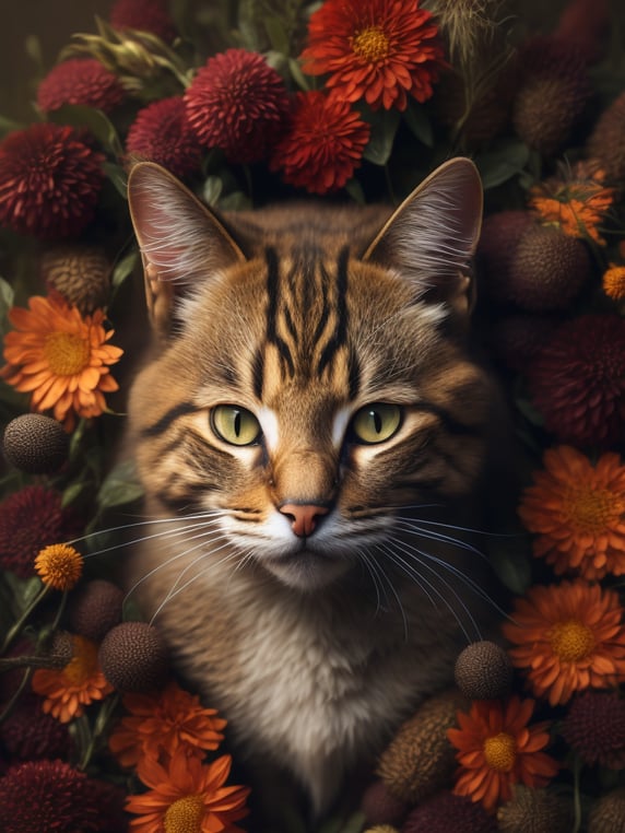 A cat is surrounded by flowers and flowers in a pile of them, looking up at the camera, a stock photo, conceptual art, photorealistic