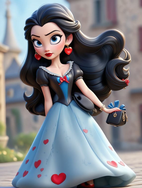 blue eyes, long black braids, red lips, a red bow on the head, a chain with a heart on the neck, gold earrings with a heart, a long black dress, shoes, a handbag, a ring; очі голубі,коси длінні чорні, губи червоні,на голові червоний бант,на шиї цепочка сердечком,сережки золоті з серцем,плаття довге чорне,туфлі,сумочка,кольцо