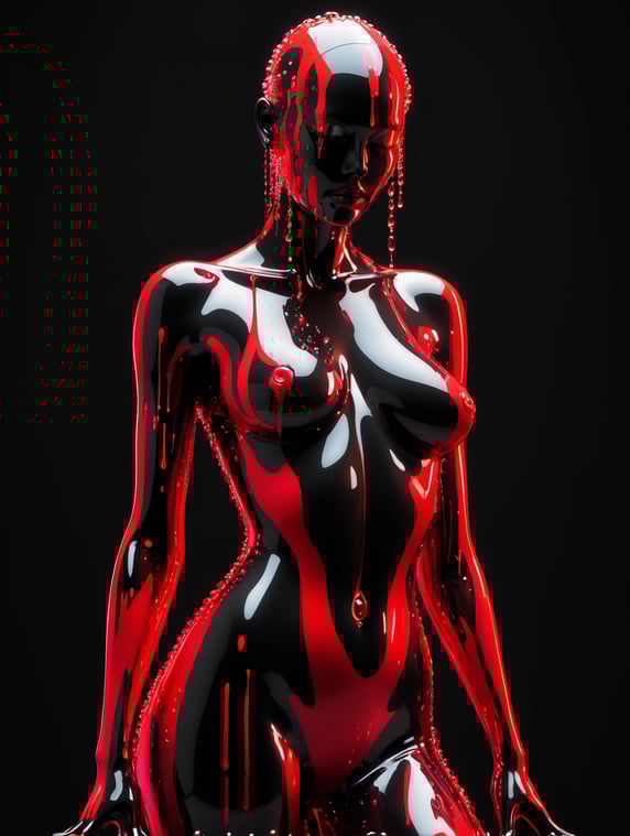 smooth female figure in neon reds, reflection on body, in the style of vray tracing, dripping, grotesque beauty, rendered in cinema4d, mystical, black background, abstract, minimalism