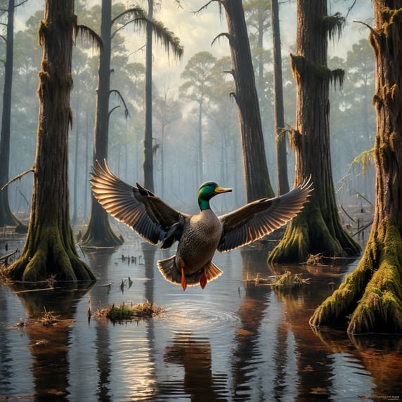mallard duck flying in bald cypress swamp