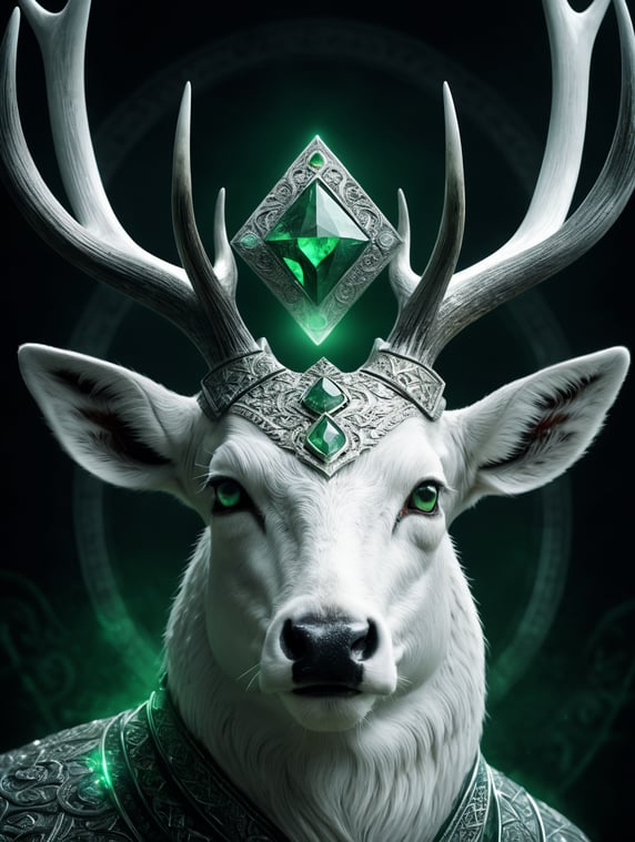 The face of a white deer with white horns, which looks very heroic. On his neck is a diamond-shaped green stone and fantasy patterns. Fantasy style.; Морда білого оленя з білими рогами, який виглядає дуже героїчно. На його шии ромбовидний зелений камінець и фентезійні візерунки. Стиль фентезі.