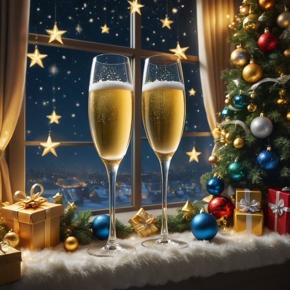 Part of the Christmas tree, decorated with beautiful toys and garlands, in the apartment. A close-up of champagne flutes with champagne poured into them. Behind the curtain is a window, from which the starry sky is visible.