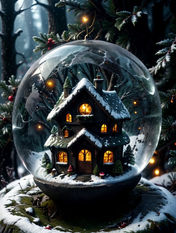 Christmas transparent ball with falling snow and fairy house