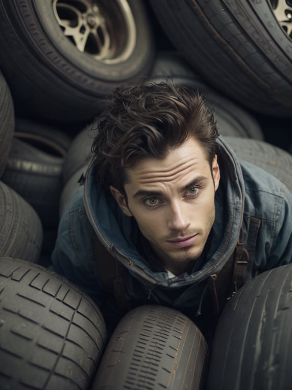 a man is surrounded by tire and tires in a pile of them, looking up at the camera man is smiling, a stock photo, concept