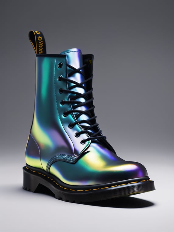 MADE OF IRIDESCENT FOIL + a holographic transparent shoe by dr.martens, octane render, blender, realistic, detailed