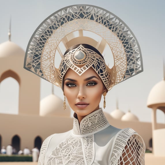 a beautiful woman facing foward high fashion, wearing a head piece inspired by geometric patterns, Dubai architecture, worn at the horse races