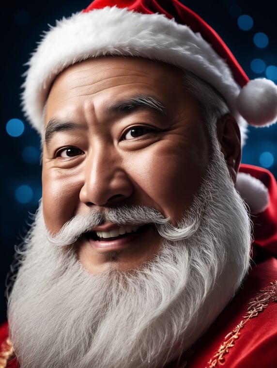 Portrait of a Japanese fat Santa Claus smiling, whimsical facial expression, flowing white beard, jolly caricature, saturated colors, red outfit, sharp focus, portrait photography, depth of field, dramatic candlelit lighting, incredibly high detailed, blue background, blurred background,
