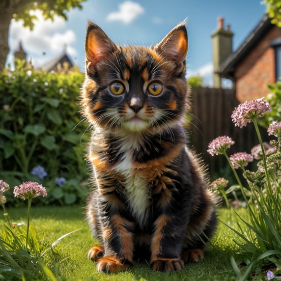 Small tortoiseshell kitten sitting on the grass in a small English garden. In the spring sun. Viewed from ground level.