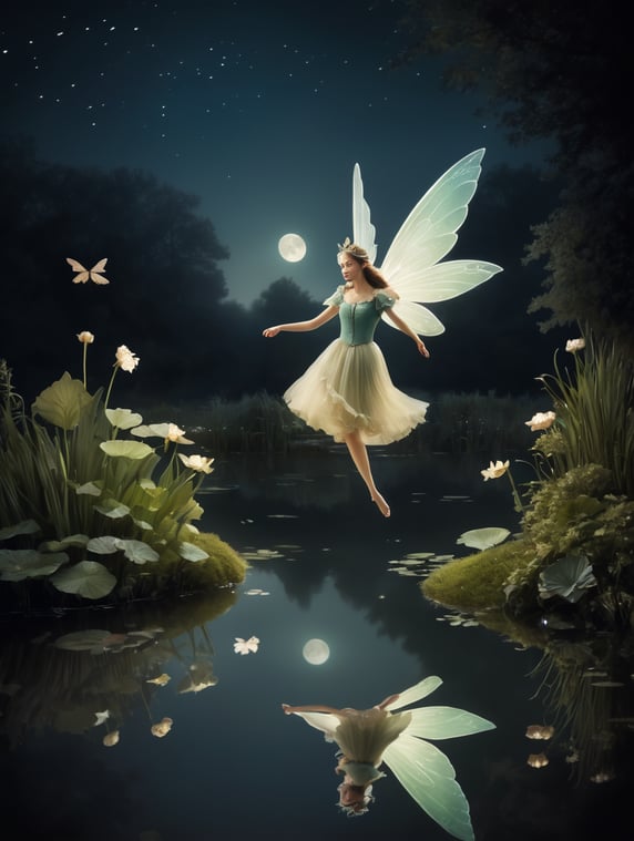 Fairy flying over a pond, night