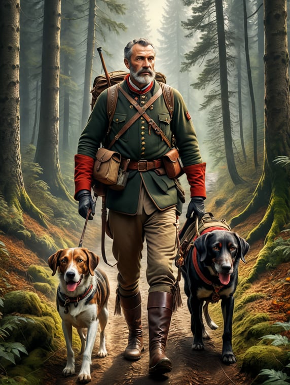 Retro poster an old Austrian hunter with a hunting dog walks along a forest path, dressed in traditional Austrian clothes, carrying a backpack with things, caught game in his belt