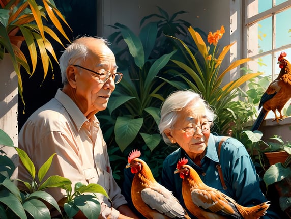elderly couple huging sourrounded by cats and chickens in front of plants