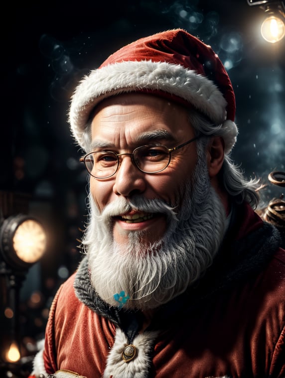 Magical Santa Claus with a white beard, hat, and glasses smiling and looking directly at the camera.