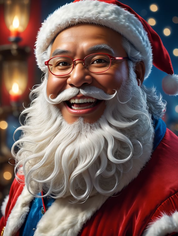 Portrait of a Filipino fat Santa Claus smiling, with rectangular eyeglasses, whimsical facial expression, flowing white beard, jolly caricature, saturated colors, red outfit, sharp focus, portrait photography, depth of field, dramatic candlelit lighting, incredibly high detailed, blue background, blurred background,