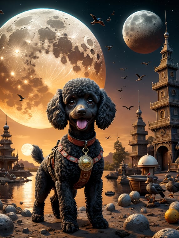 Poodle hunting ducks on the moon 3D cartoon; Poodle a caccia di anatre sulla luna cartone animato 3D