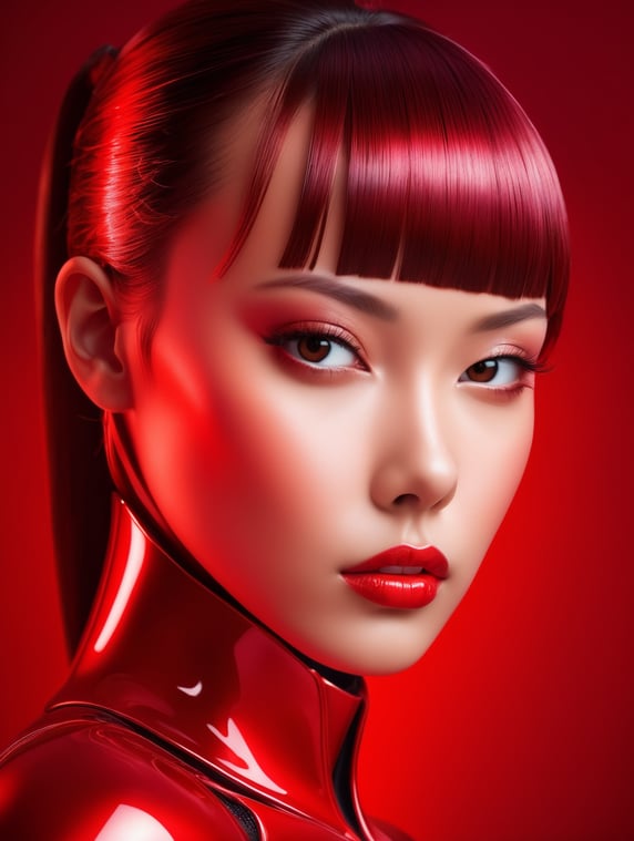 Portrait of an android girl made of red glossy material, sharp highlights, red background, Vivid saturated colors, Contrast color