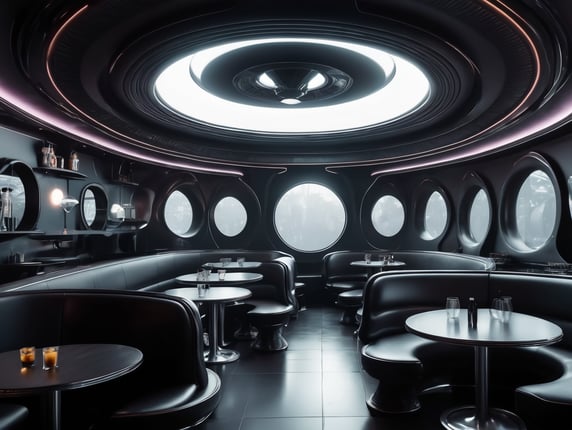 Futuristic interior of UFO cafe. Alien interior, dark tones