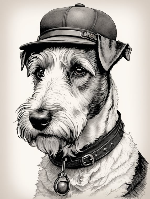 Black and white ink sketch of a wire fox terrier wearing a flat cap with a tobacco pipe