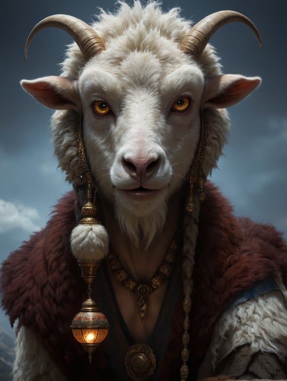 faun, lamp, furry, fur skin, goat eyes, sheep lips, wearing asian clothing, only one pair of ears.