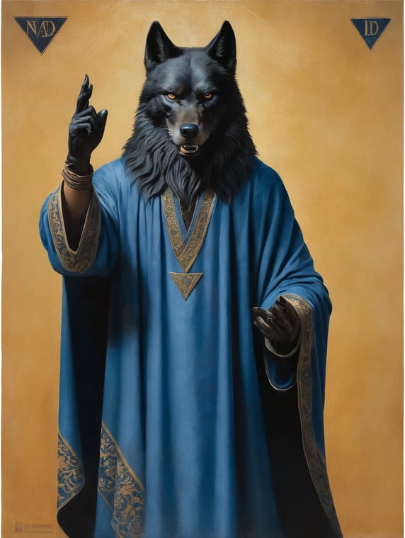 icon painted by Leonardo Davinci, portrait of a human with a black angry Wolf head, clothes in a blue coverlet, hand crossing fingers, glow around the head in the form of a triangle