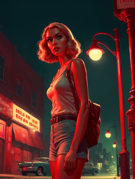 late night call girl standing under a streetlight, gritty, pulp comics style, red ambient light. Killer waiting in the shadows
