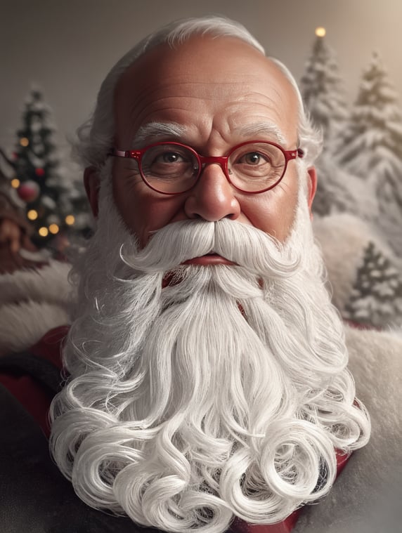 Santa Claus, caricature, red clothes, christmas, festive, cartoon, xmas, jolly, whimsical, funny, warm complexion, reading glasses, woodworking workshop background