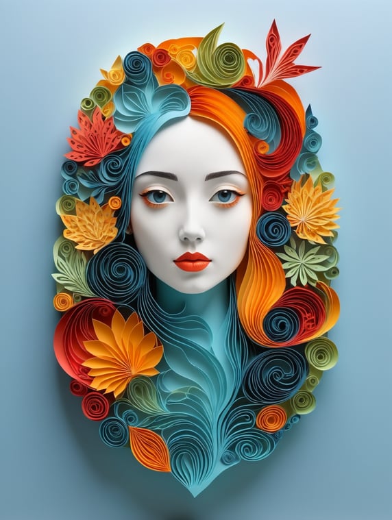 a girl head, minimalistic colorful organic forms, energy, assembled, layered, depth, alive vibrant, 3D, abstract, on a light blue background