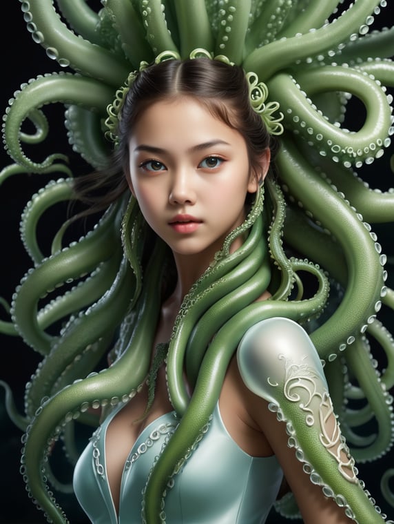 Photorealistic Girl with tentacles growing Out of her back