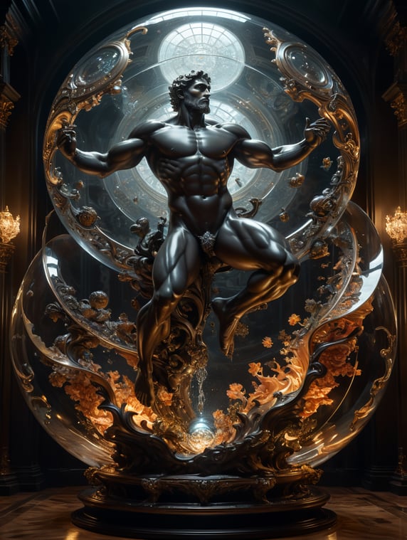 hyper real photography in a dark space. whimsically designed pose, handsome, human levitates in dark space is contained in a transparent liquid transperent toros, humans body distructed and reflected in refraction effect, high detailed, Defined direction, octane render , photography by steven klein james jean painting, Alphonse Mucha and Moebius, Michelangelo sculpture