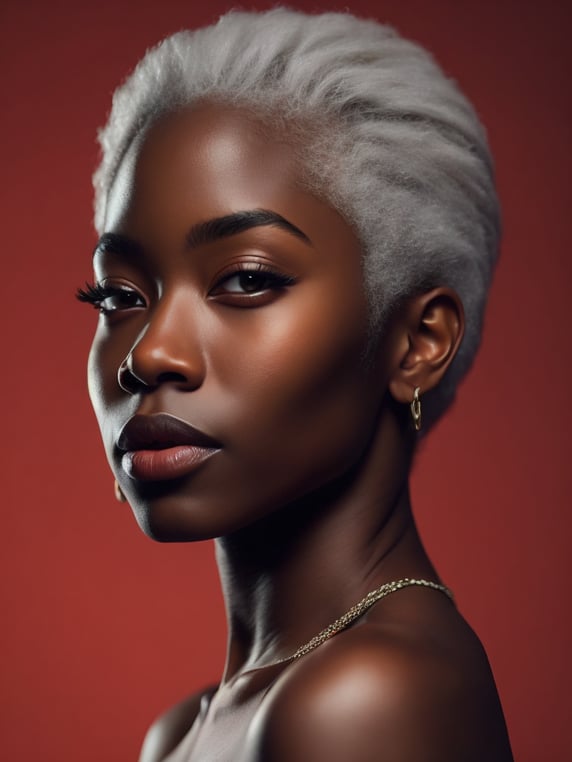 black girl on a red background, red light reflection on her face, White hair