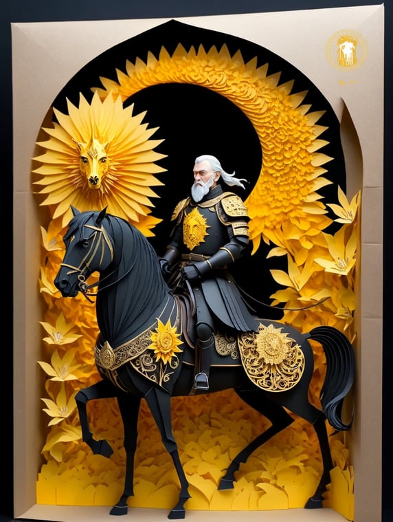 warhammer, old world, fantasy, nobleman standing beside his horse, horse is in black armour with golden or yellow sun on the armour, horse is without rider